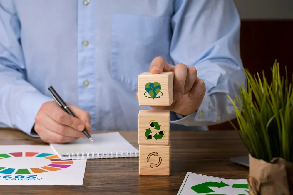 imagem representativa de sustentabilidade empresarial com blocos ilustrados
